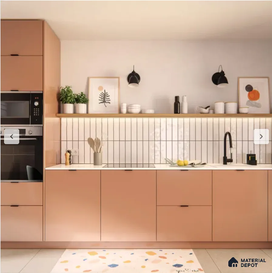 Scandinavian kitchen with pastel peach laminate cabinets, white quartz countertop, and vertical white subway backsplash tiles in Bengaluru | Material Depot
