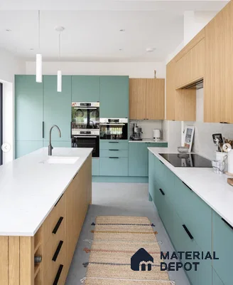 Scandinavian kitchen with pastel teal laminate, light oak wood laminate, and white quartz countertop in Bengaluru | Material Depot
