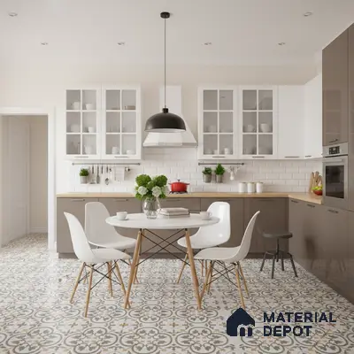 Scandinavian kitchen with patterned floor tiles, white subway backsplash, and taupe laminate cabinets in Bengaluru