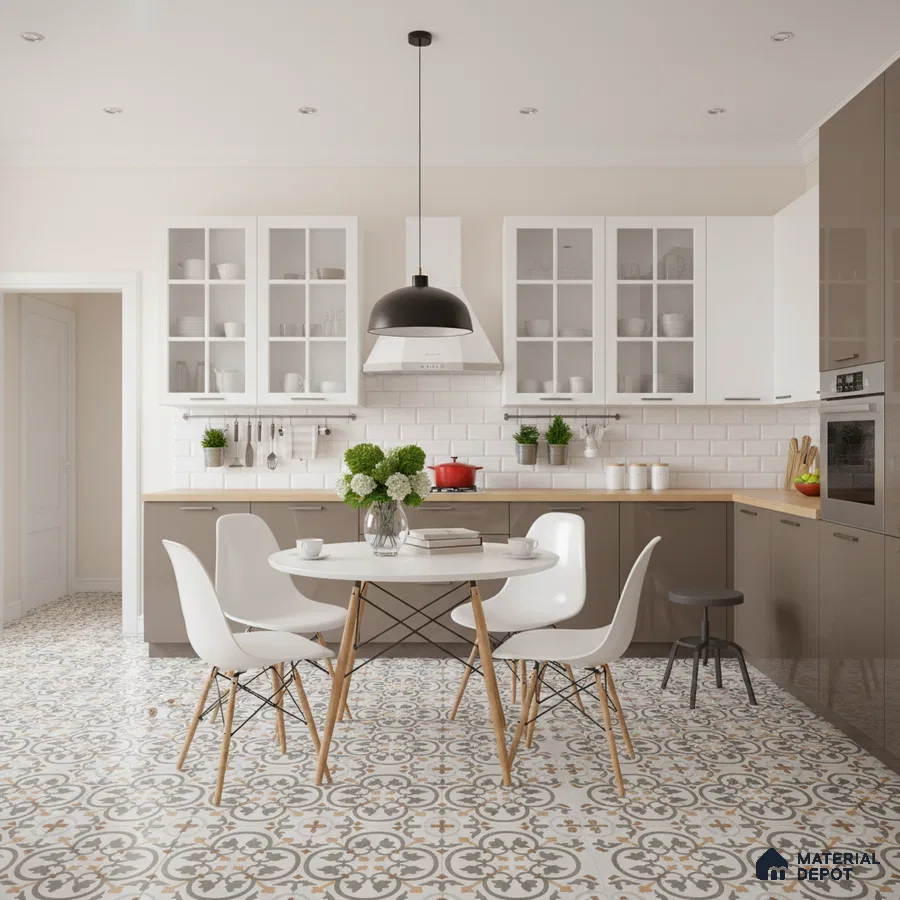 Scandinavian kitchen with patterned floor tiles, white subway backsplash, and taupe laminate cabinets in Bengaluru