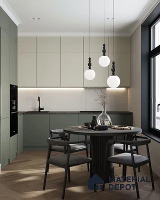 Scandinavian kitchen with sage green and beige laminate cabinets, matte black accents, and herringbone wood flooring in Bengaluru | Material Depot