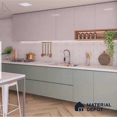 Scandinavian kitchen with sage green and frosty white laminate, white geometric backsplash tile, and light oak wood floor in Bengaluru | Material Depot