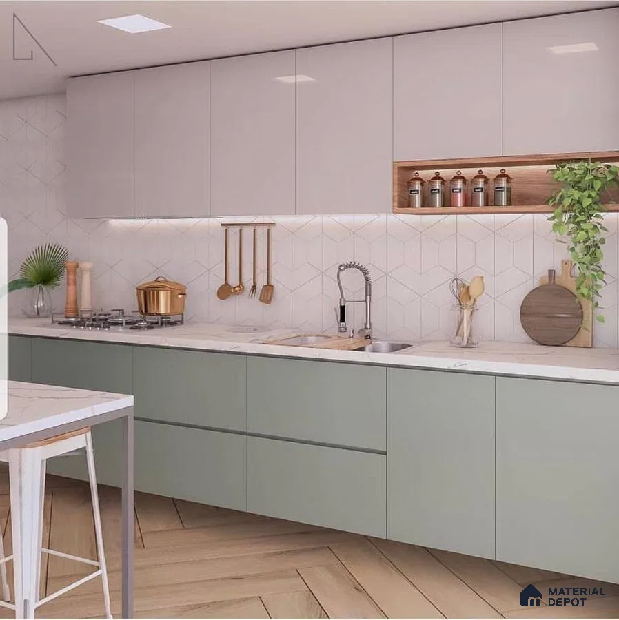 Scandinavian kitchen with sage green and frosty white laminate, white geometric backsplash tile, and light oak wood floor in Bengaluru | Material Depot