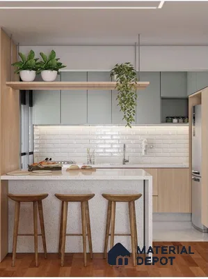 Scandinavian kitchen with sage green and light wood laminate, terrazzo countertop, and white subway tile backsplash in Bengaluru | Material Depot