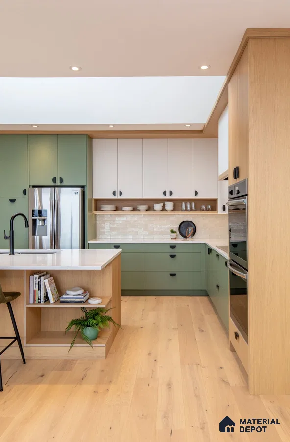 Scandinavian kitchen with sage green and white laminate cabinets, white quartz countertop, and light oak wood flooring in Bengaluru | Material Depot