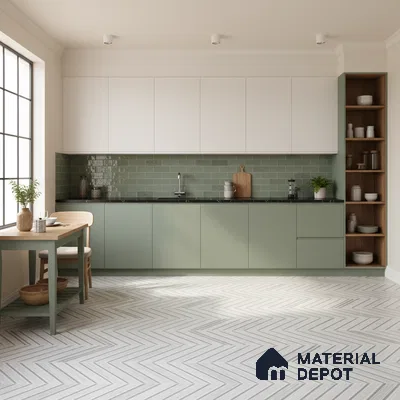 Scandinavian kitchen with sage green and white laminate, green subway tile backsplash, and herringbone patterned floor tile in Bengaluru
