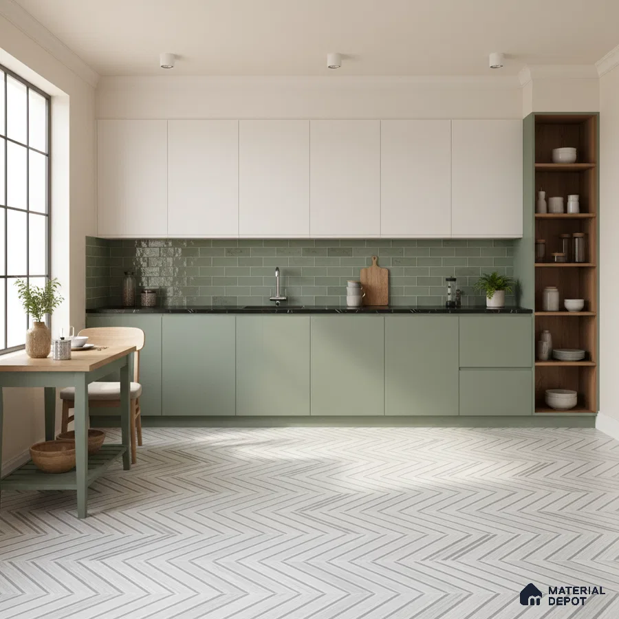 Scandinavian kitchen with sage green and white laminate, green subway tile backsplash, and herringbone patterned floor tile in Bengaluru