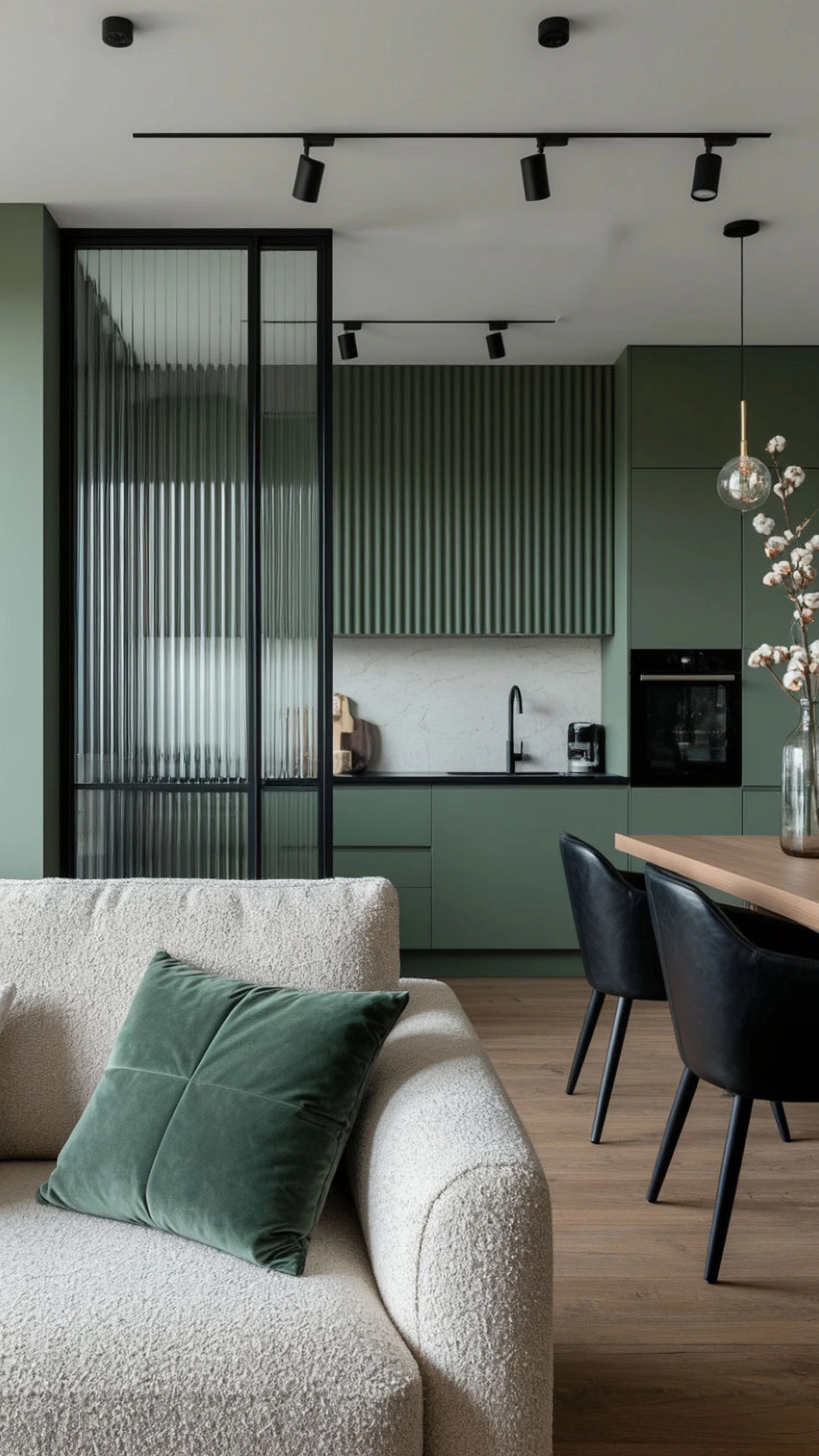 Scandinavian kitchen with sage green fluted laminate cabinets, white marble backsplash, and wooden flooring in Bengaluru | Material Depot