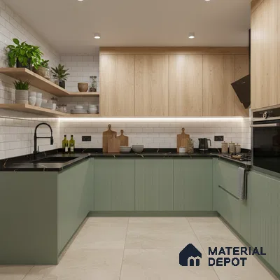 Scandinavian kitchen with sage green fluted laminate, light oak laminate, and subway tile backsplash in Bengaluru