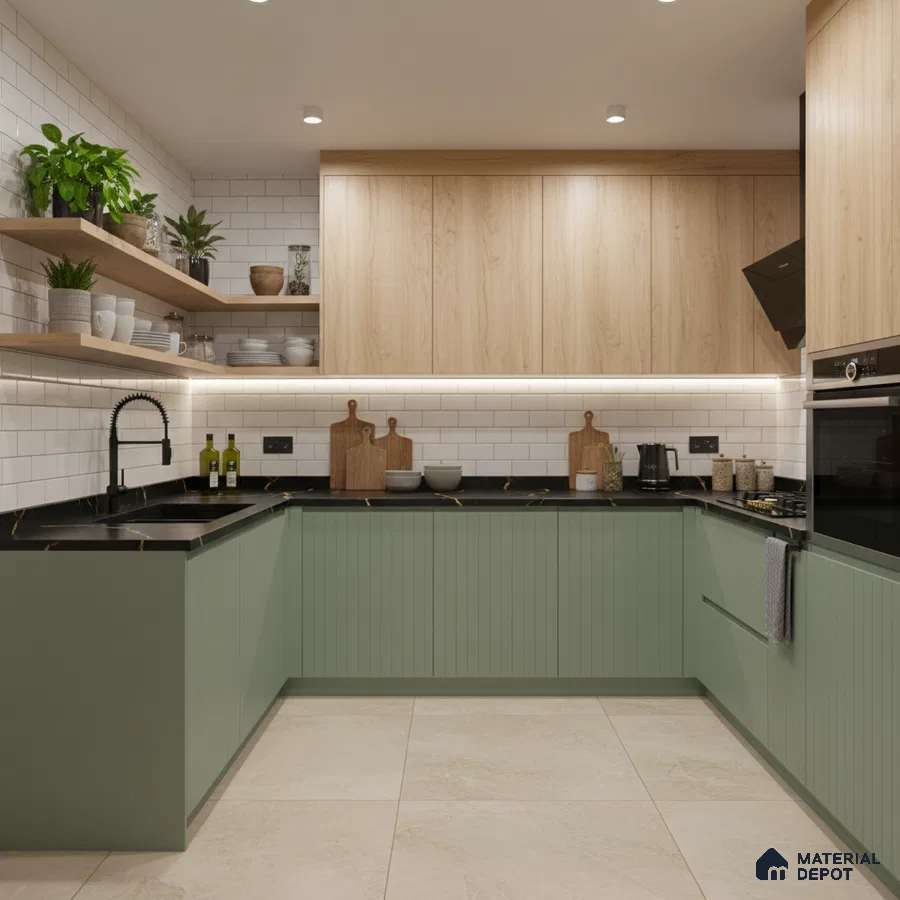 Scandinavian kitchen with sage green fluted laminate, light oak laminate, and subway tile backsplash in Bengaluru