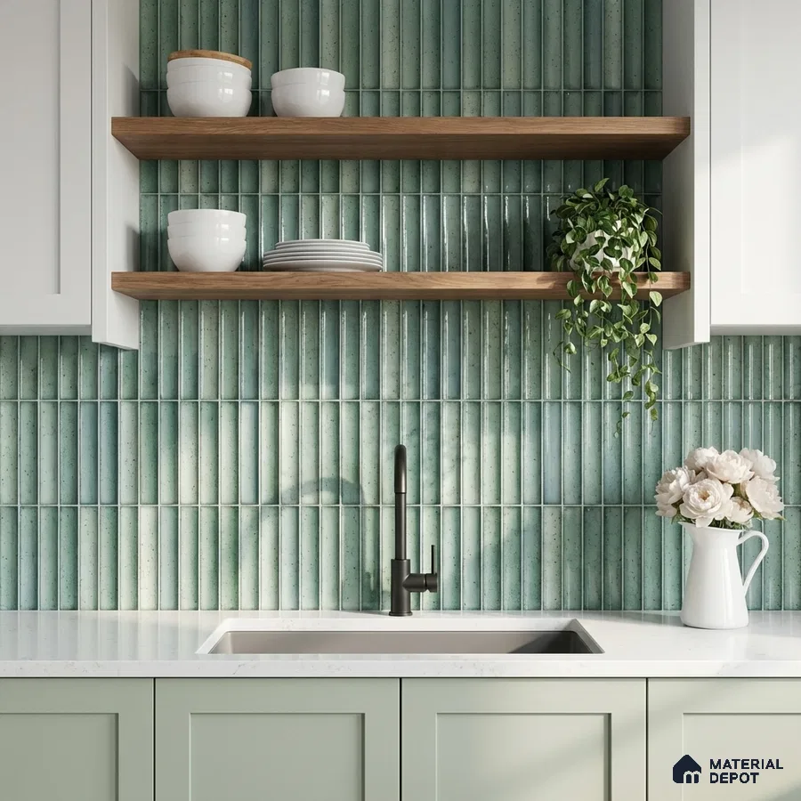 Scandinavian kitchen with sage green kitkat backsplash tile, white quartz countertop, and wooden open shelves