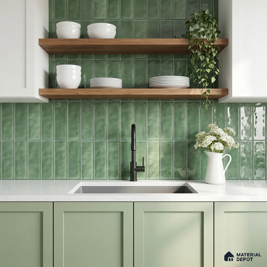 Scandinavian kitchen with sage green kitkat wall tiles, pastel green laminate cabinets, and white quartz countertop