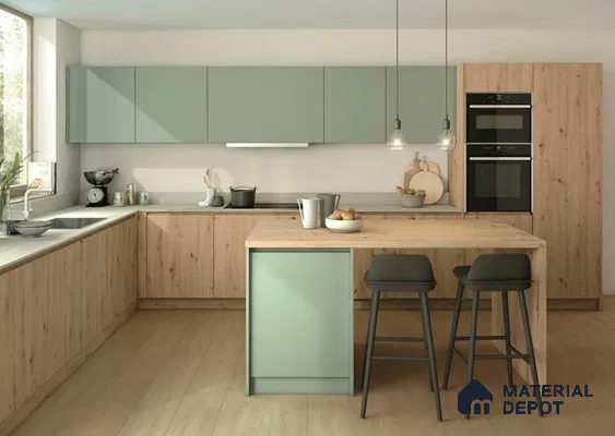 Scandinavian kitchen with sage green laminate and light oak wood laminate in Bengaluru | Material Depot