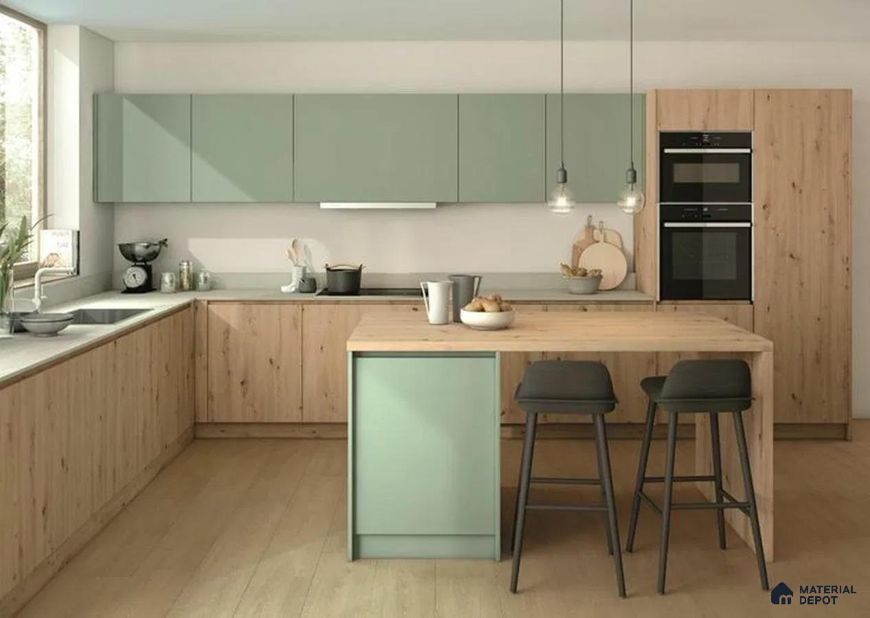 Scandinavian kitchen with sage green laminate and light oak wood laminate in Bengaluru | Material Depot