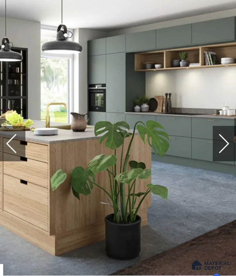 Scandinavian kitchen with sage green laminate cabinets and natural oak wood island in Bengaluru | Material Depot