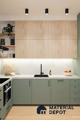 Scandinavian kitchen with sage green laminate cabinets, fluted wood upper shutters, and white quartz countertop in Bengaluru | Material Depot
