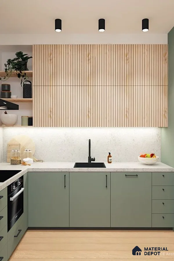 Scandinavian kitchen with sage green laminate cabinets, fluted wood upper shutters, and white quartz countertop in Bengaluru | Material Depot