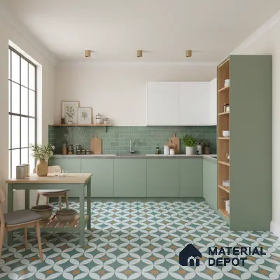 Scandinavian kitchen with sage green laminate cabinets, green subway backsplash tile, and geometric patterned floor tiles in Bengaluru