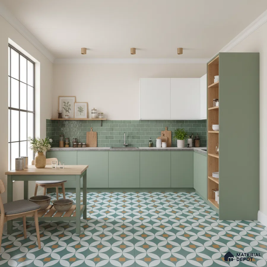 Scandinavian kitchen with sage green laminate cabinets, green subway backsplash tile, and geometric patterned floor tiles in Bengaluru