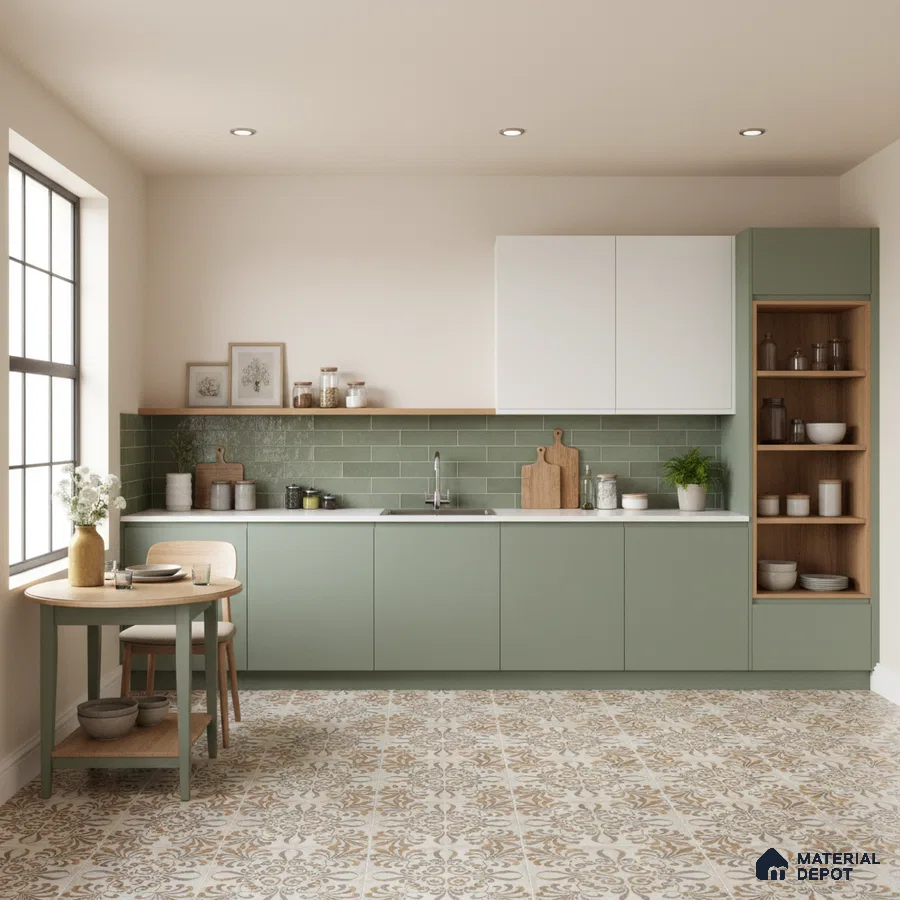 Scandinavian kitchen with sage green laminate cabinets, green subway tile backsplash, and beige patterned floor tiles in Bengaluru