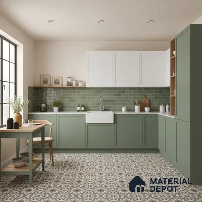 Scandinavian kitchen with sage green laminate cabinets, green subway tile backsplash, and patterned floor tiles in Bengaluru