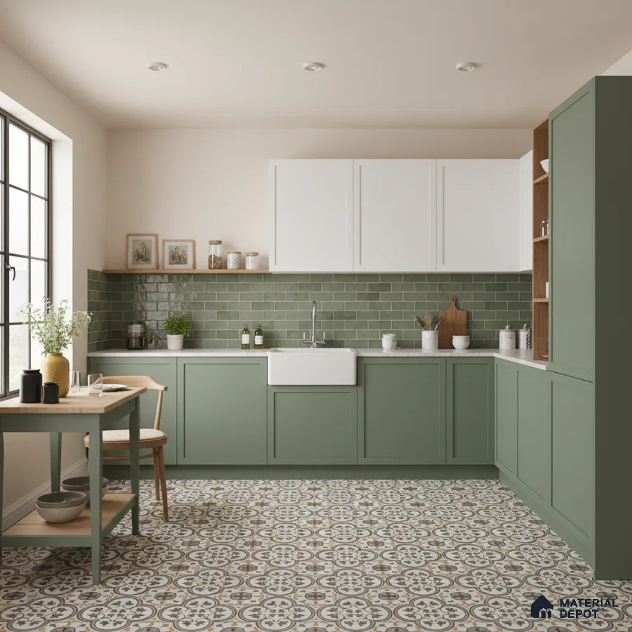 Scandinavian kitchen with sage green laminate cabinets, green subway tile backsplash, and patterned floor tiles in Bengaluru