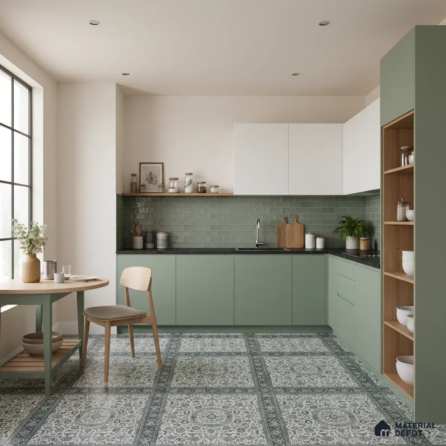 Scandinavian kitchen with sage green laminate cabinets, green subway tile backsplash, and patterned floor tiles in Bengaluru
