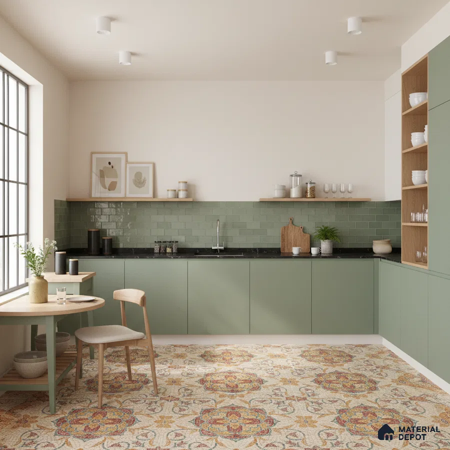 Scandinavian kitchen with sage green laminate cabinets, green subway tile backsplash, and patterned moroccan floor tiles in Bengaluru