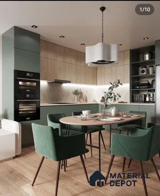 Scandinavian kitchen with sage green laminate cabinets, light oak laminate, and wood-look floor tile in Bengaluru | Material Depot