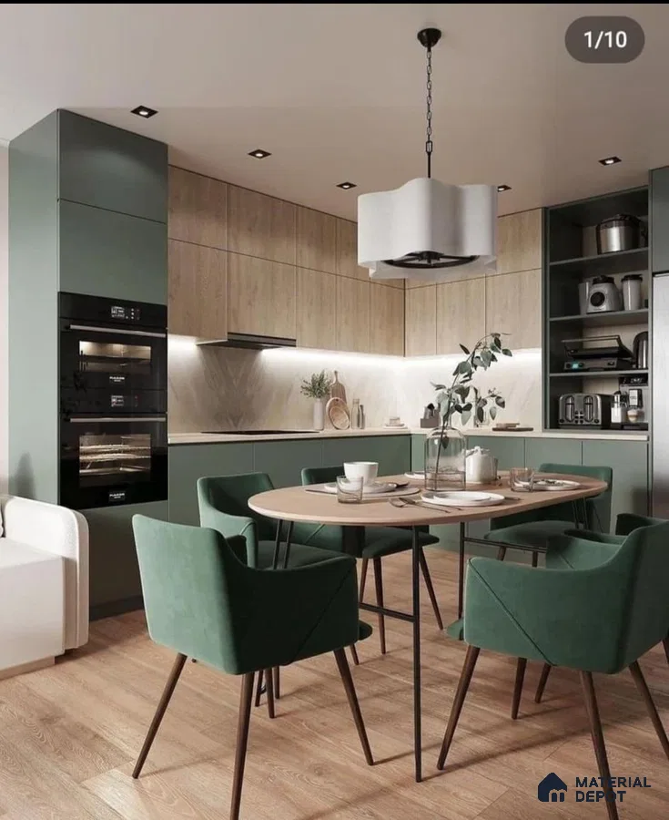 Scandinavian kitchen with sage green laminate cabinets, light oak laminate, and wood-look floor tile in Bengaluru | Material Depot