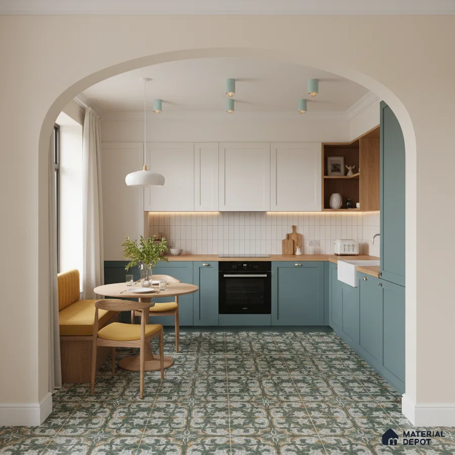 Scandinavian kitchen with sage green laminate cabinets, oak countertop, and patterned green floor tiles in Bengaluru