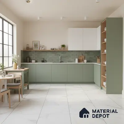 Scandinavian kitchen with sage green laminate cabinets, subway tile backsplash, and white marble floor tiles in Bengaluru