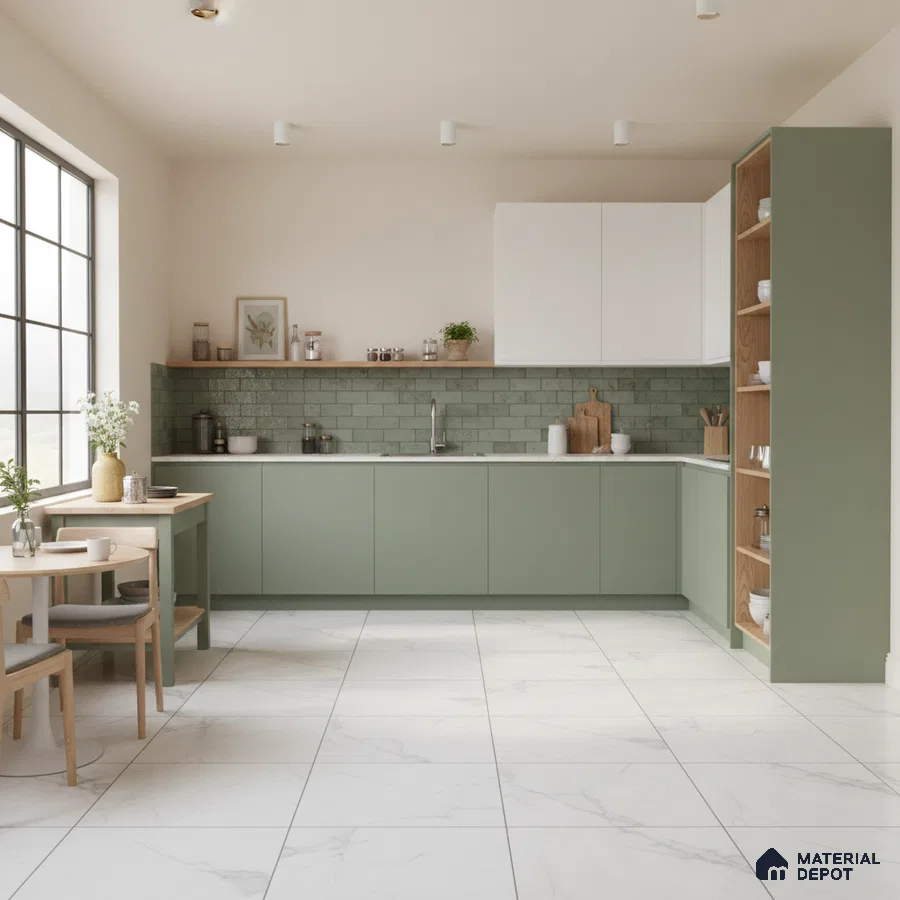Scandinavian kitchen with sage green laminate cabinets, subway tile backsplash, and white marble floor tiles in Bengaluru