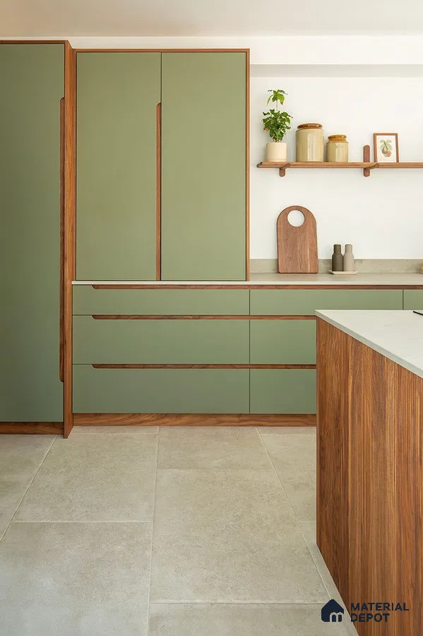 Scandinavian kitchen with sage green laminate cabinets, walnut wood accents, and beige stone floor tiles in Bengaluru | Material Depot