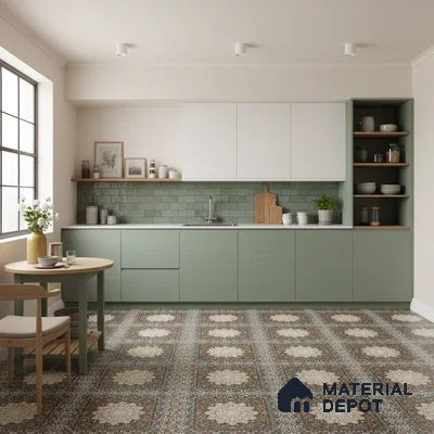 Scandinavian kitchen with sage green laminate cabinets, white laminate shutters, green subway backsplash tile, and patterned vintage floor tiles in Bengaluru