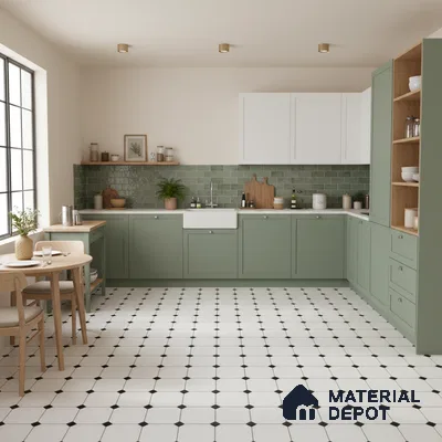 Scandinavian kitchen with sage green laminate cabinets, white quartz countertop, and green subway tile backsplash in Bengaluru