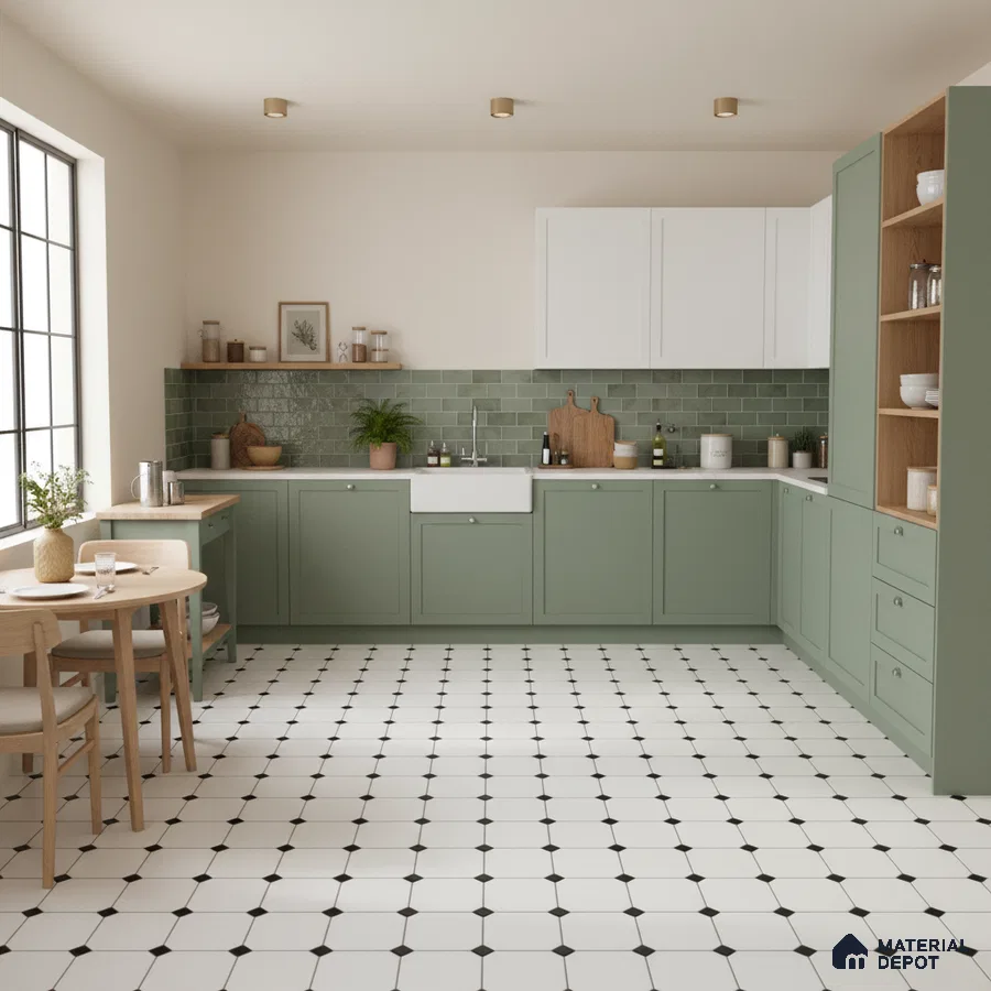 Scandinavian kitchen with sage green laminate cabinets, white quartz countertop, and green subway tile backsplash in Bengaluru
