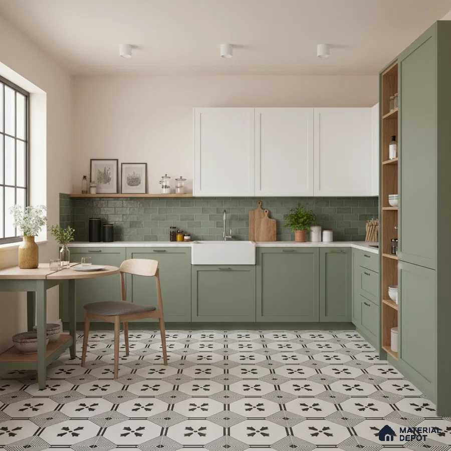 Scandinavian kitchen with sage green laminate cabinets, white quartz countertop, and patterned black-and-white floor tiles in Bengaluru