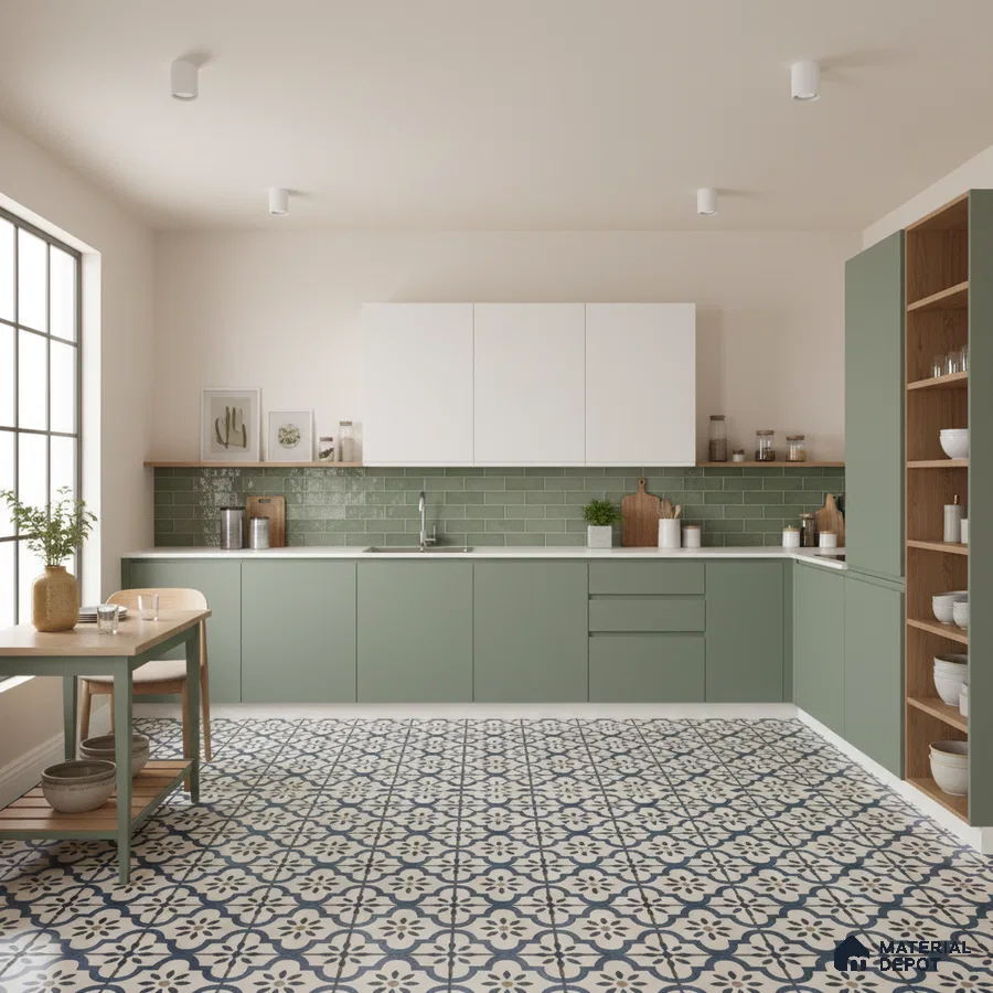 Scandinavian kitchen with sage green laminate cabinets, white solid laminate, and patterned blue and white floor tiles in Bengaluru