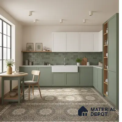 Scandinavian kitchen with sage green laminate cabinets, white upper cabinets, green subway tile backsplash, and patterned floor tiles in Bengaluru
