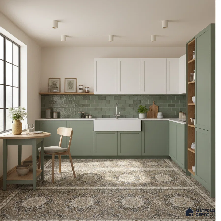 Scandinavian kitchen with sage green laminate cabinets, white upper cabinets, green subway tile backsplash, and patterned floor tiles in Bengaluru