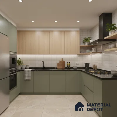 Scandinavian kitchen with sage green laminate, light oak laminate, and black quartz countertop in Bengaluru