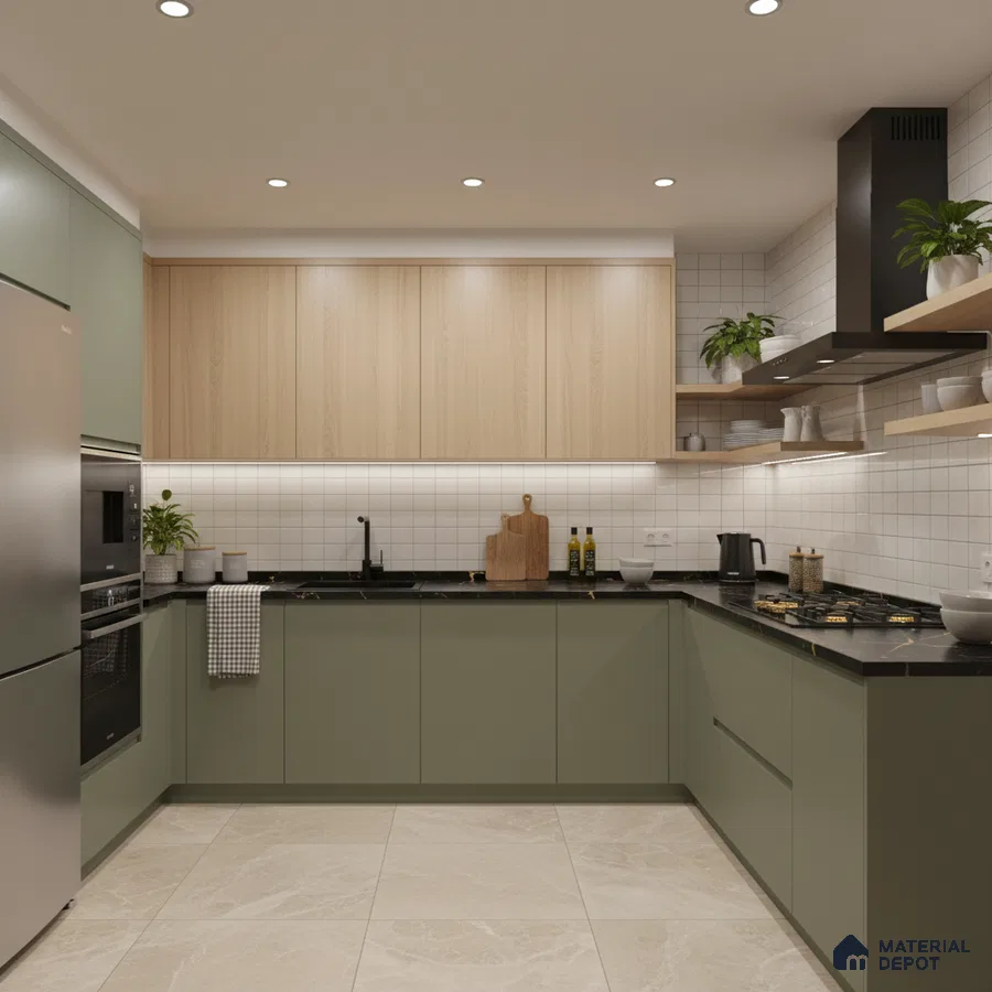 Scandinavian kitchen with sage green laminate, light oak laminate, and black quartz countertop in Bengaluru