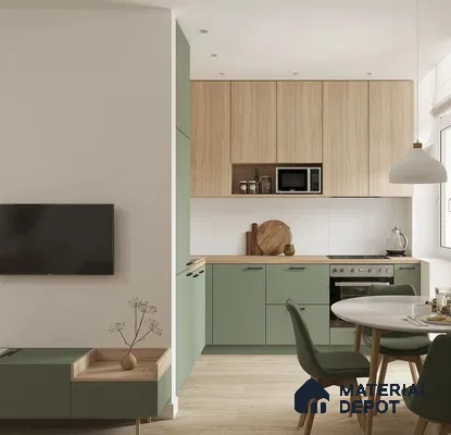 Scandinavian kitchen with sage green laminate, light oak laminate, and white backsplash in Bengaluru | Material Depot