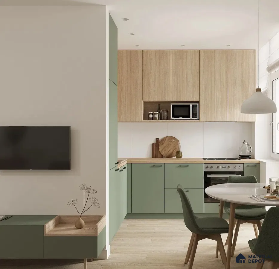 Scandinavian kitchen with sage green laminate, light oak laminate, and white backsplash in Bengaluru | Material Depot