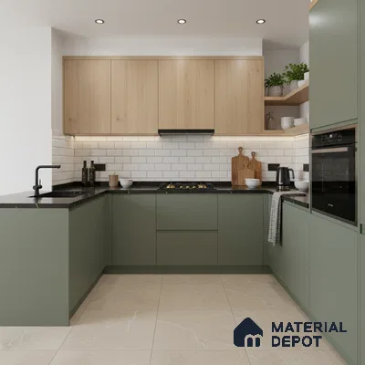 Scandinavian kitchen with sage green laminate, light oak laminate, and white subway tile backsplash in Bengaluru