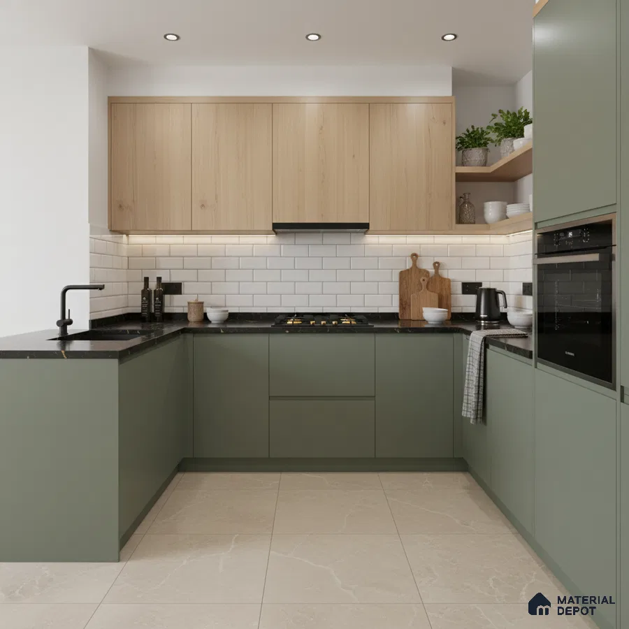 Scandinavian kitchen with sage green laminate, light oak laminate, and white subway tile backsplash in Bengaluru
