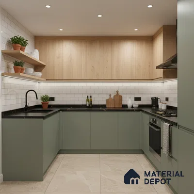 Scandinavian kitchen with sage green laminate, light oak laminate, and white subway tile backsplash in Bengaluru