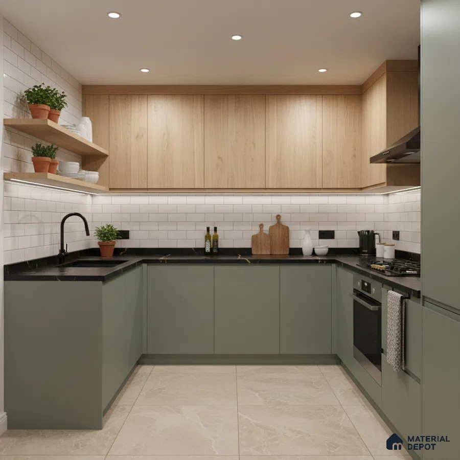 Scandinavian kitchen with sage green laminate, light oak laminate, and white subway tile backsplash in Bengaluru