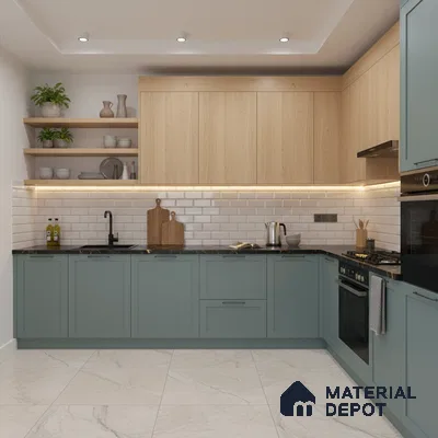 Scandinavian kitchen with sage green laminate, light oak laminate, and white subway tile backsplash in Bengaluru
